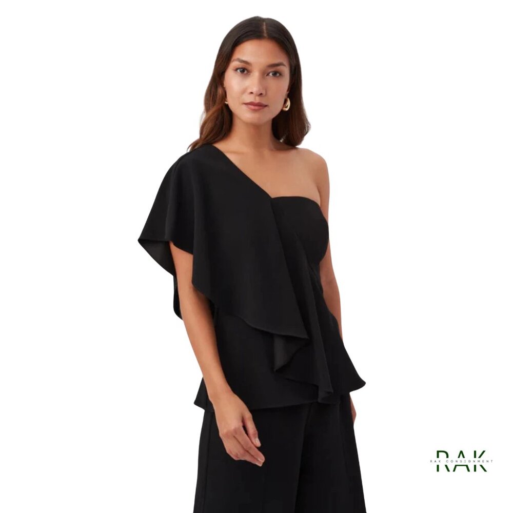 TRINA TURK "Glamorous" Navy One-Shoulder Flounce Top | US 6 | Retail $228